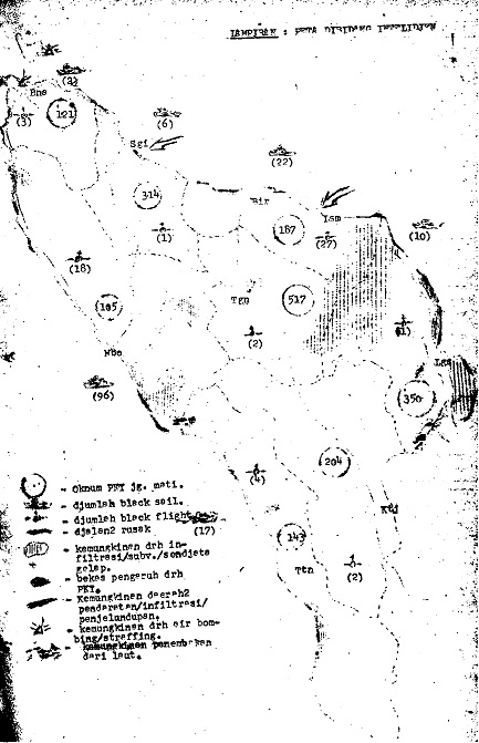 Military death map for Aceh. Top right hand corner: 'Attachment: Intelligence Map'. Numbers in circles are the number of public deaths recorded in each district. 'Dead PKI elements': Oknum PKI jg. mati.- Credit: photographed by Jess Melvin.